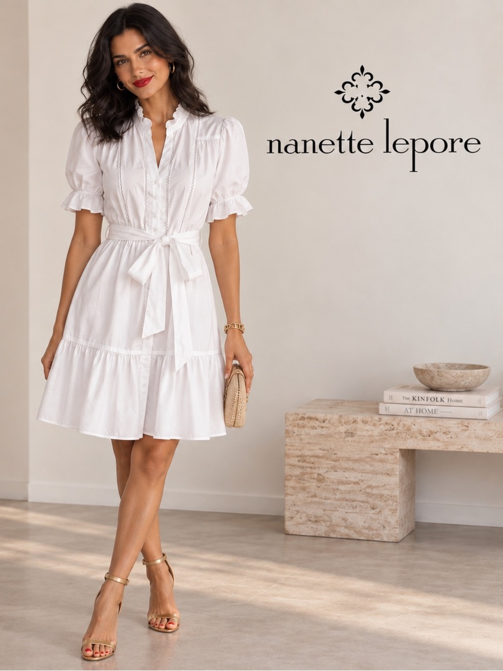 🌸Nanette Lepore White Ruffled Tie-Waist Mini Dress size 12 Preppy Coastal Resort